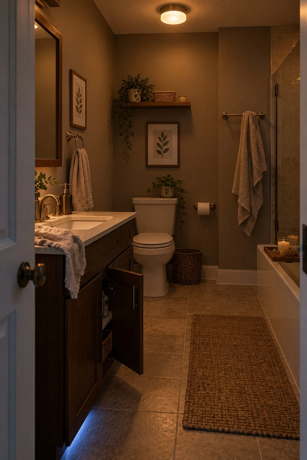 Dimmed ceiling light casting a low warm glow across a small bathroom at dawn
