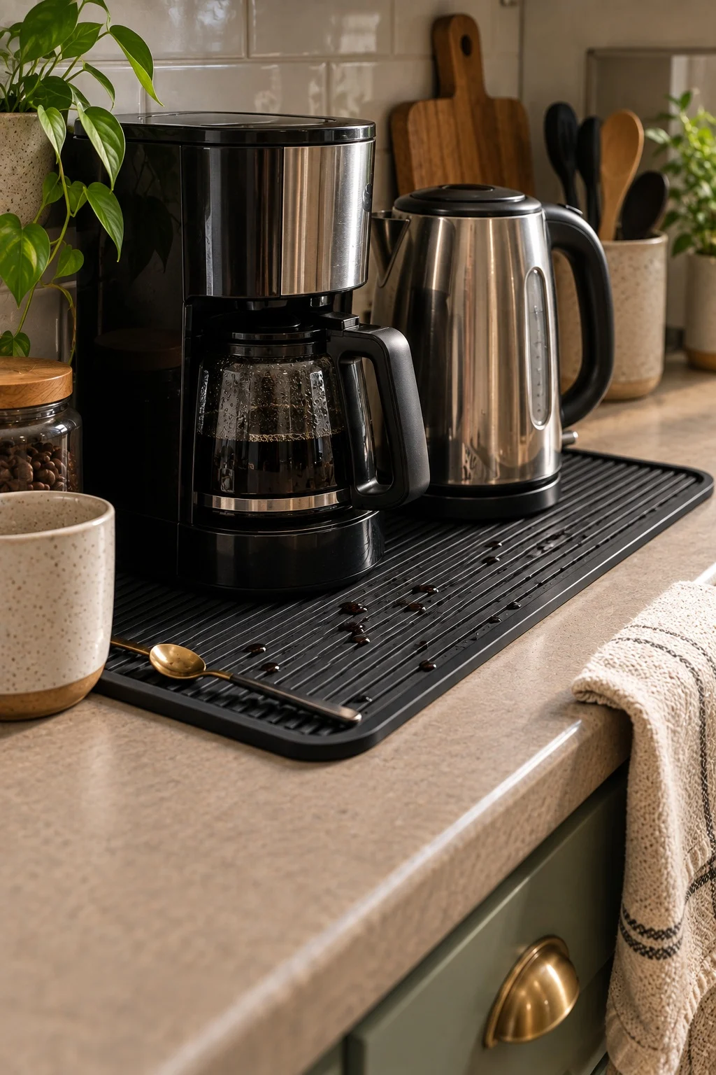 Silicone drip mat protecting rental laminate under a coffee machine and kettle