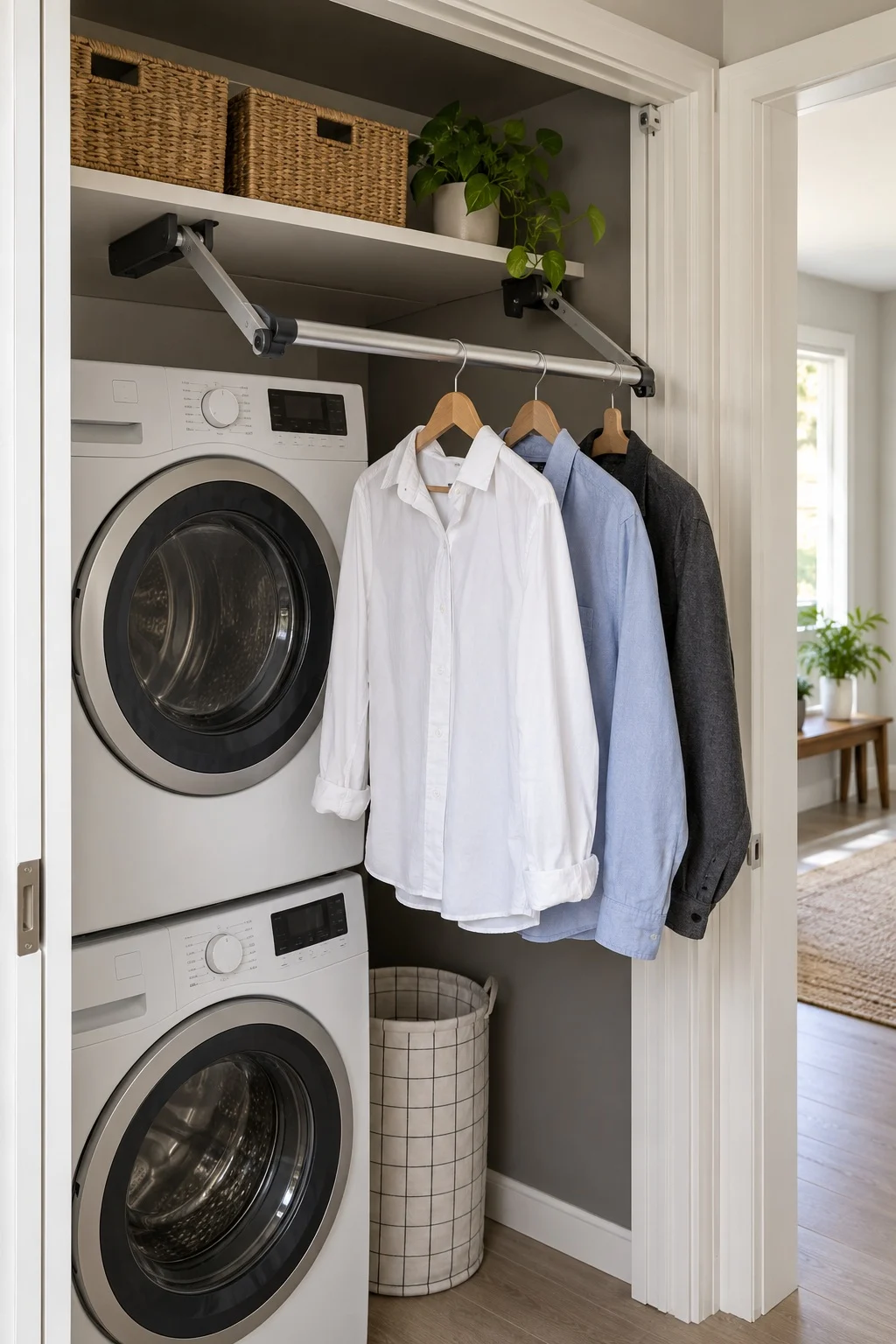 Pull-down closet rod above a stacked washer and dryer lowered to chest height