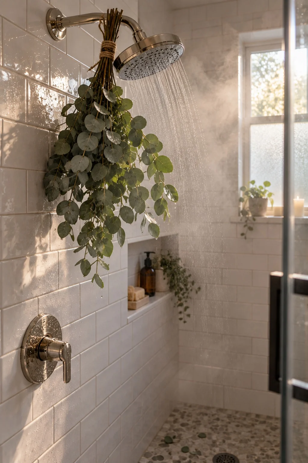 Eucalyptus bundle tied to a showerhead in a cozy shower-only bathroom with steam