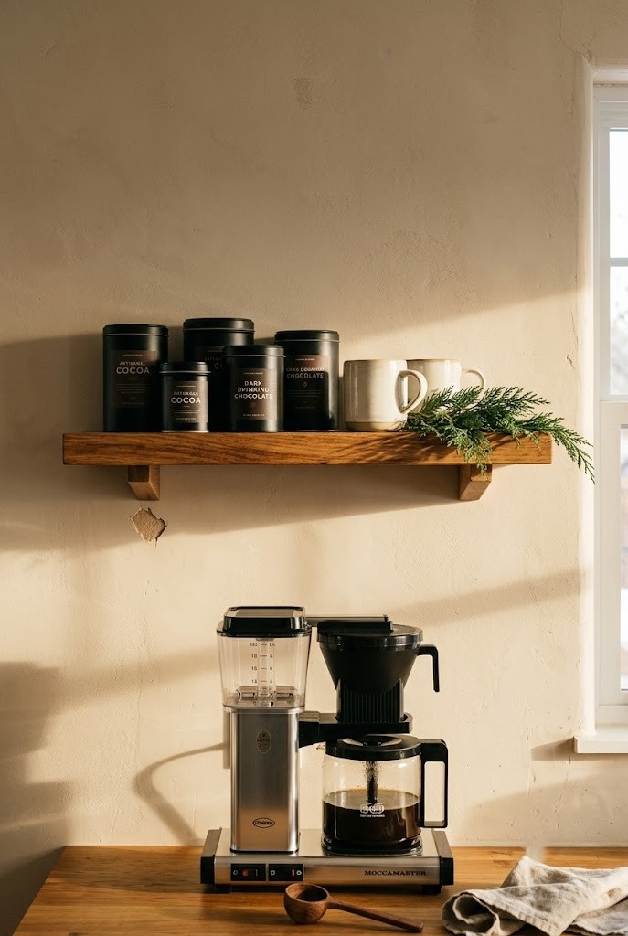 Floating oak shelf above a coffee maker holding cocoa tins, mugs and greenery
