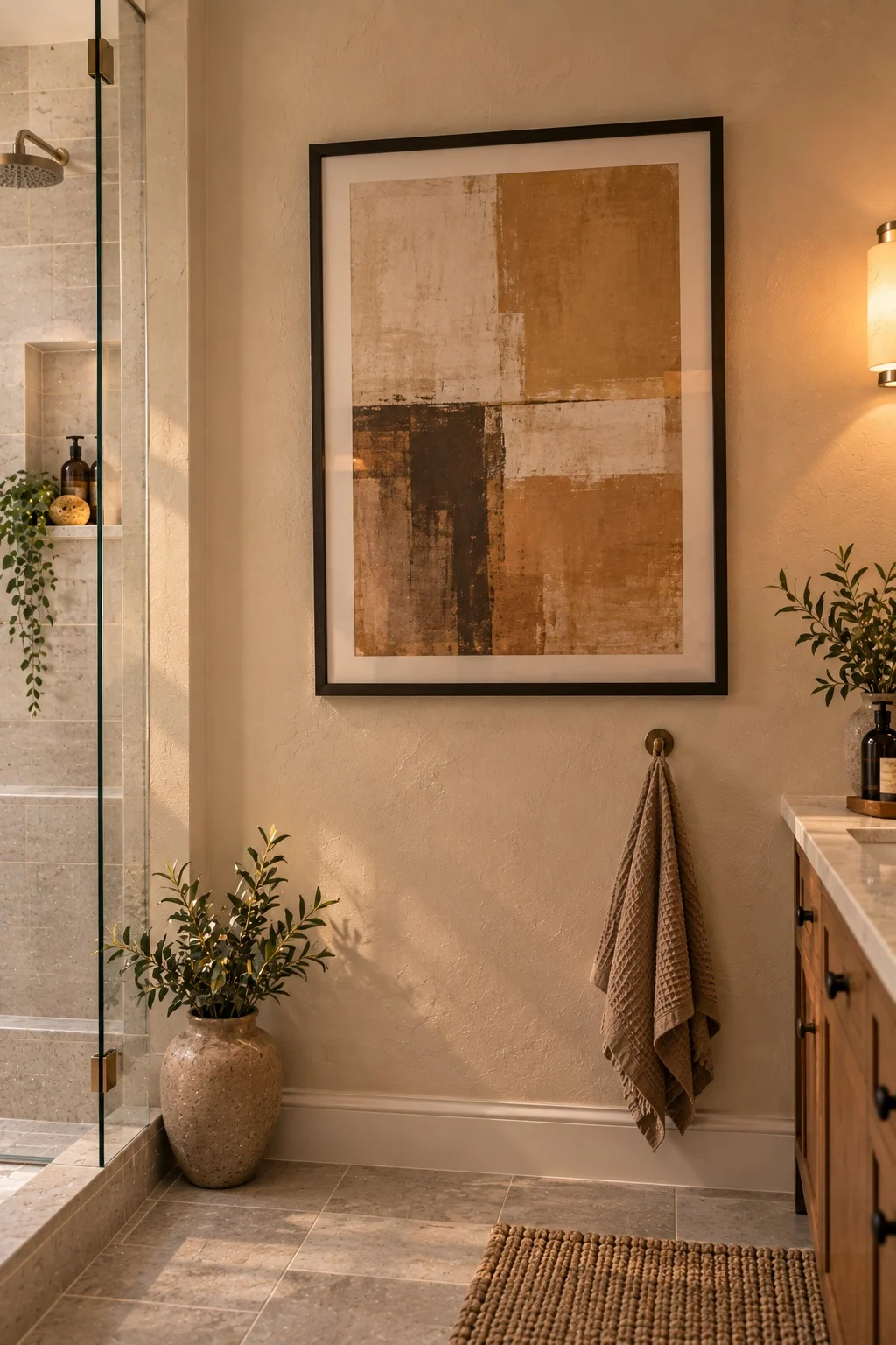 Large framed print on a warm plaster bathroom wall facing the shower opening