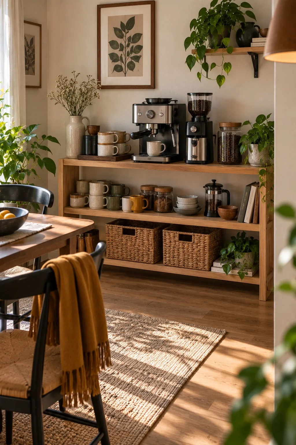 Low freestanding shelf unit used as a coffee corner in a small dining nook