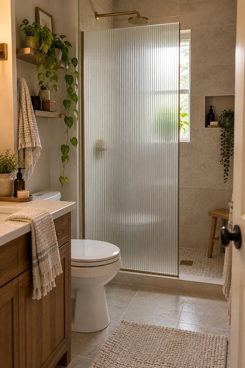 Frosted cling film on a glass shower panel in a small bathroom