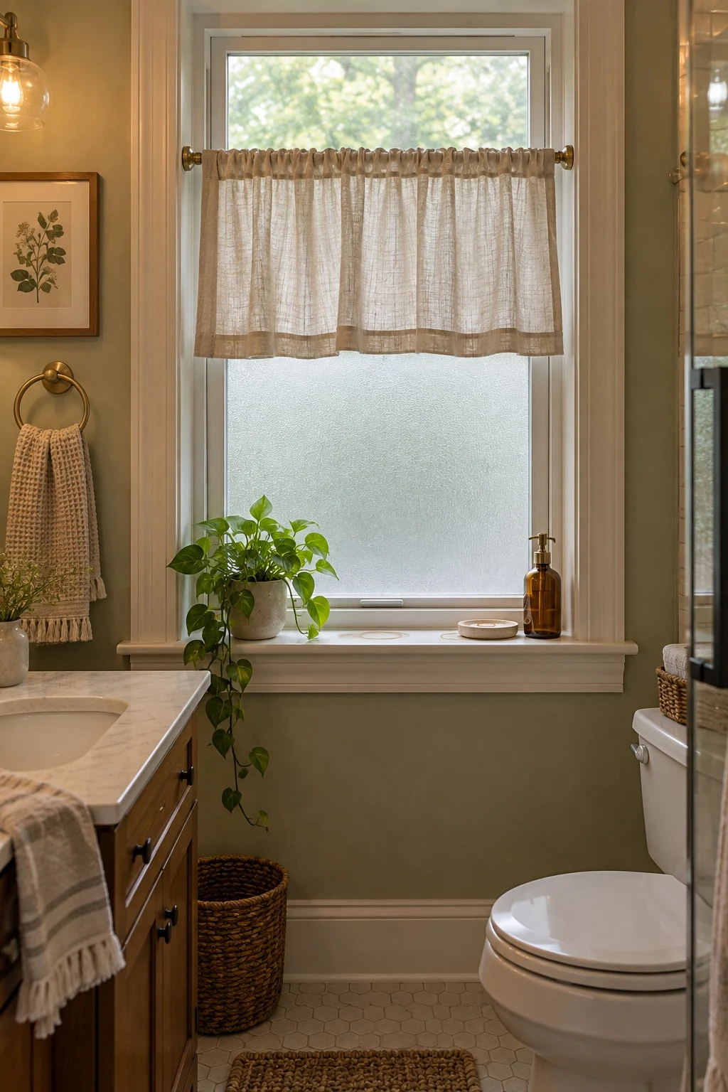 Frosted window film and a short linen cafe curtain diffusing daylight in a bathroom