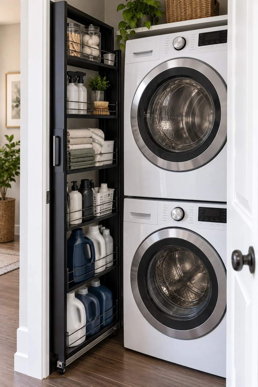 Full-height pull-out rack filling the gap beside a stacked washer and dryer