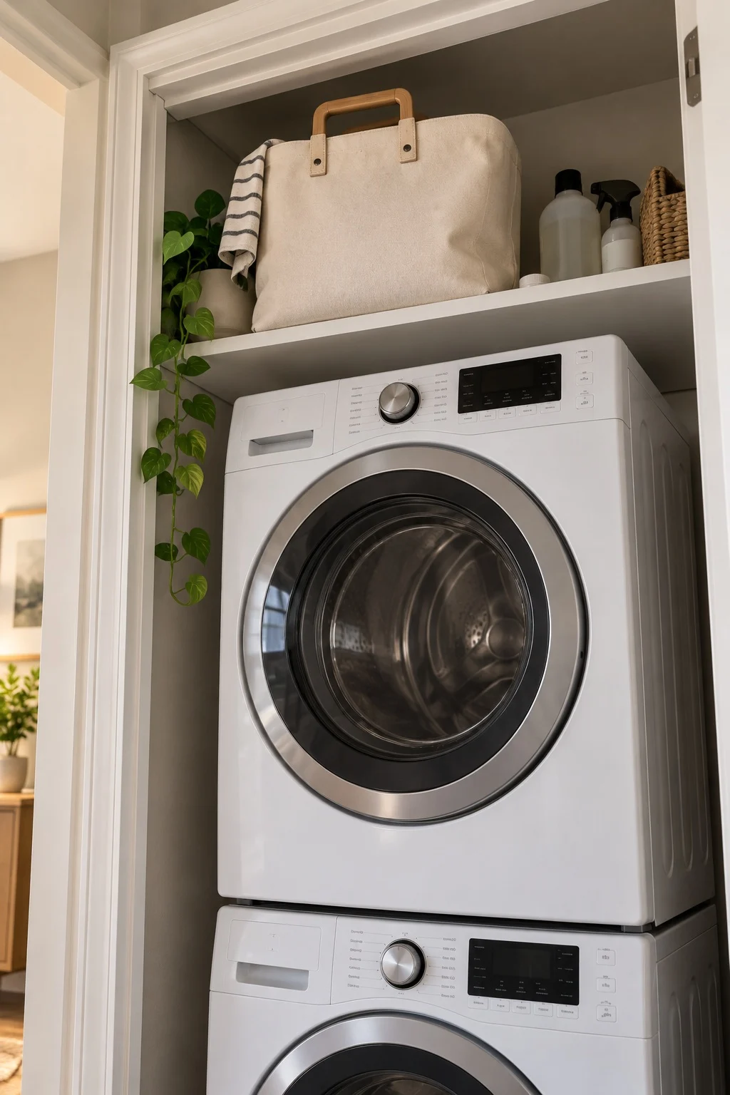 Handled tote stored on the top shelf above a stacked washer and dryer