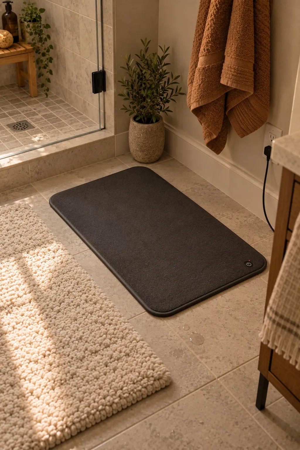 Low-profile heated floor mat on bathroom tile beside a cream rug near the shower