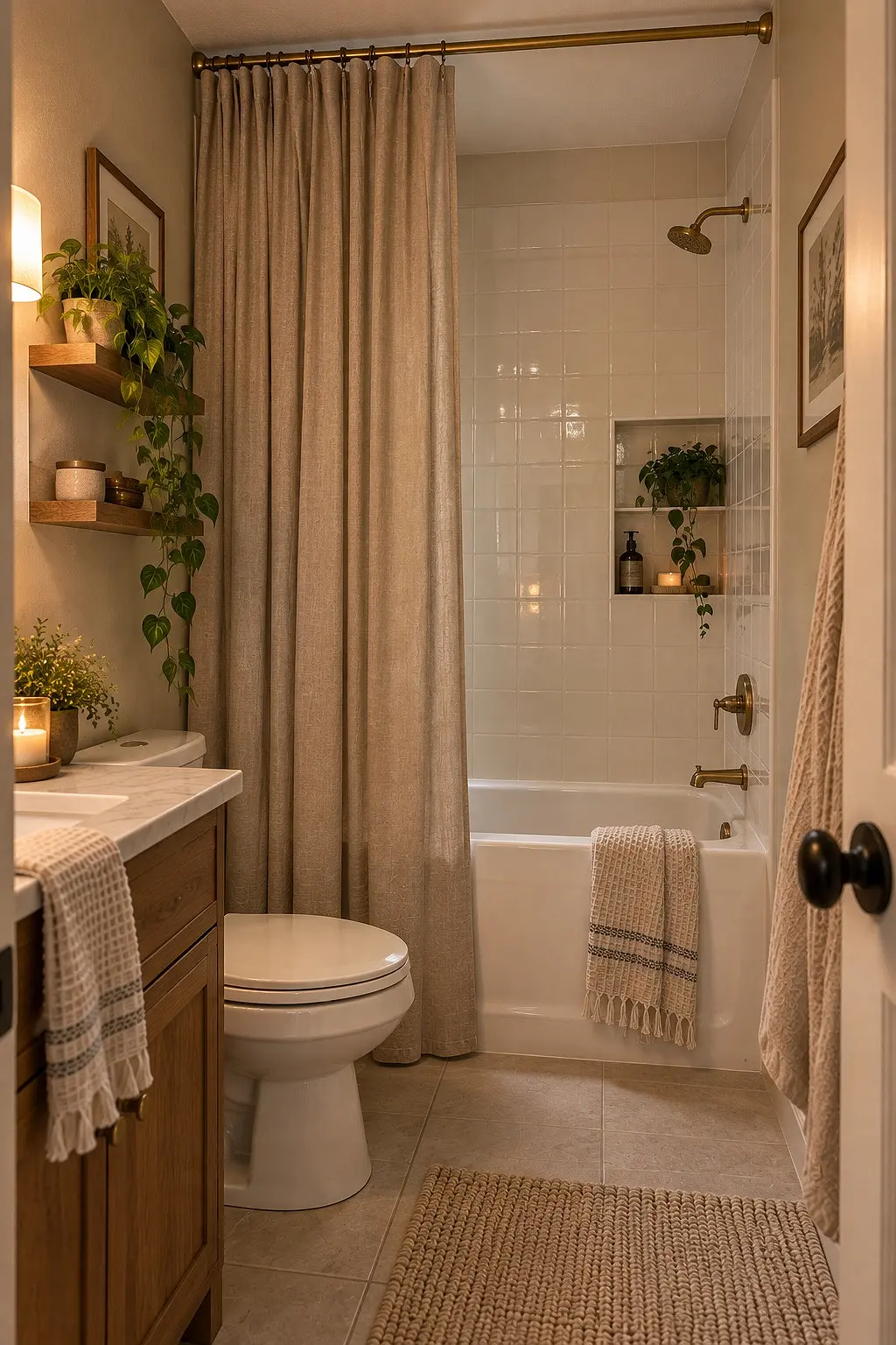 Shower curtain hung high on a tension rod over a tub surround