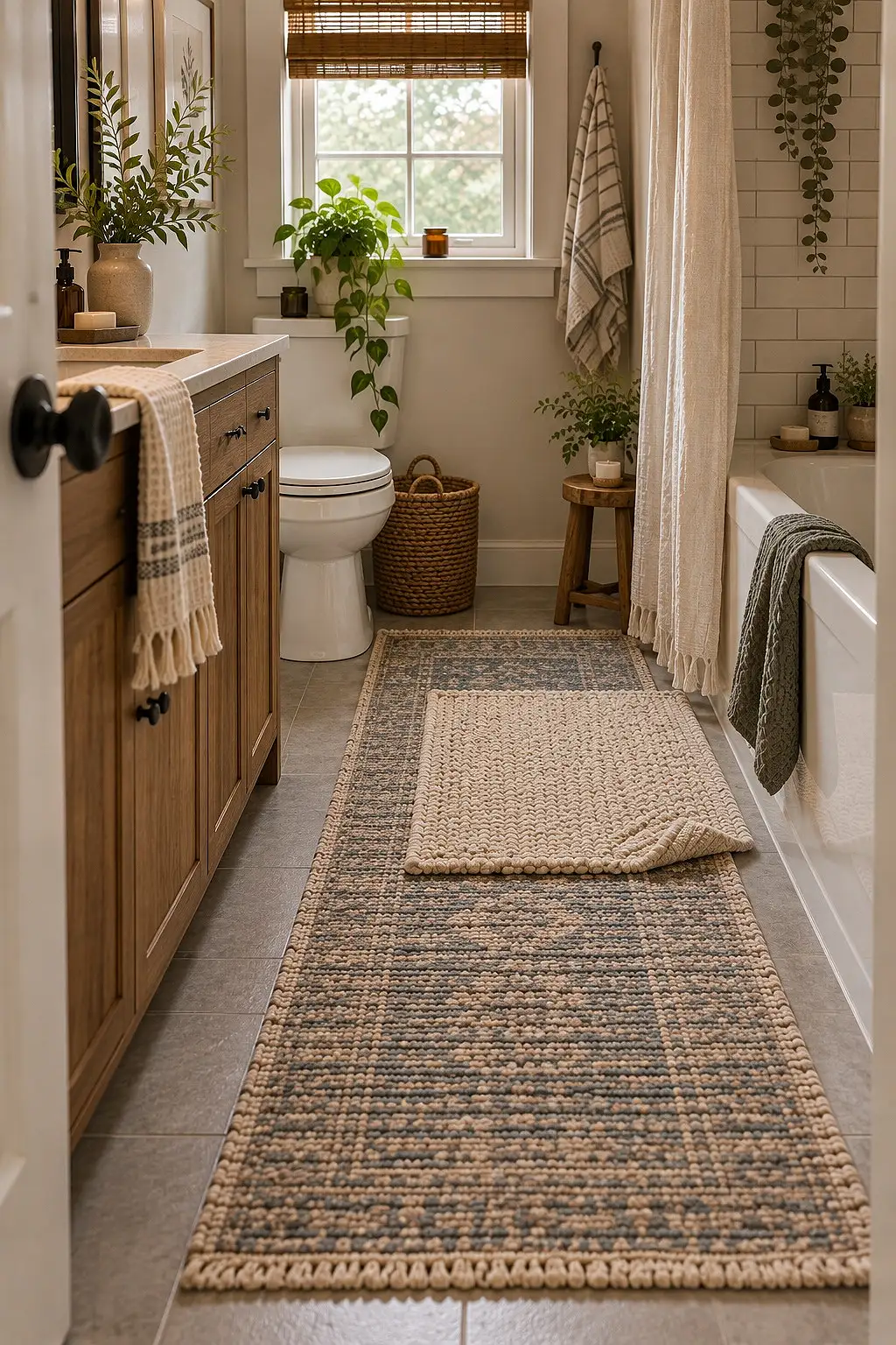 A flat runner layered under a tufted bath mat in a narrow bathroom