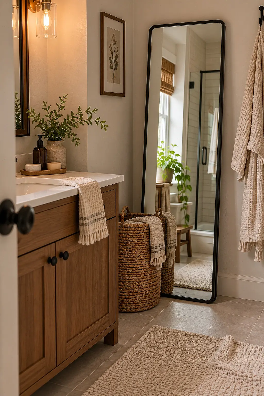 Tall mirror leaning against the wall beside a small bathroom vanity