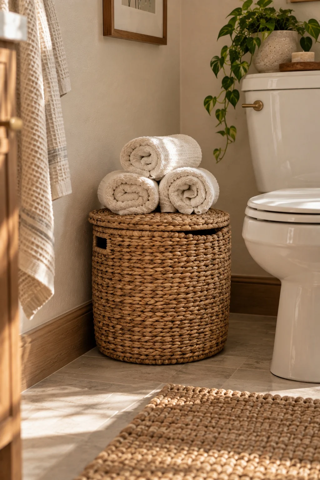 Lidded seagrass basket on a bathroom floor with rolled cream towels stacked on top