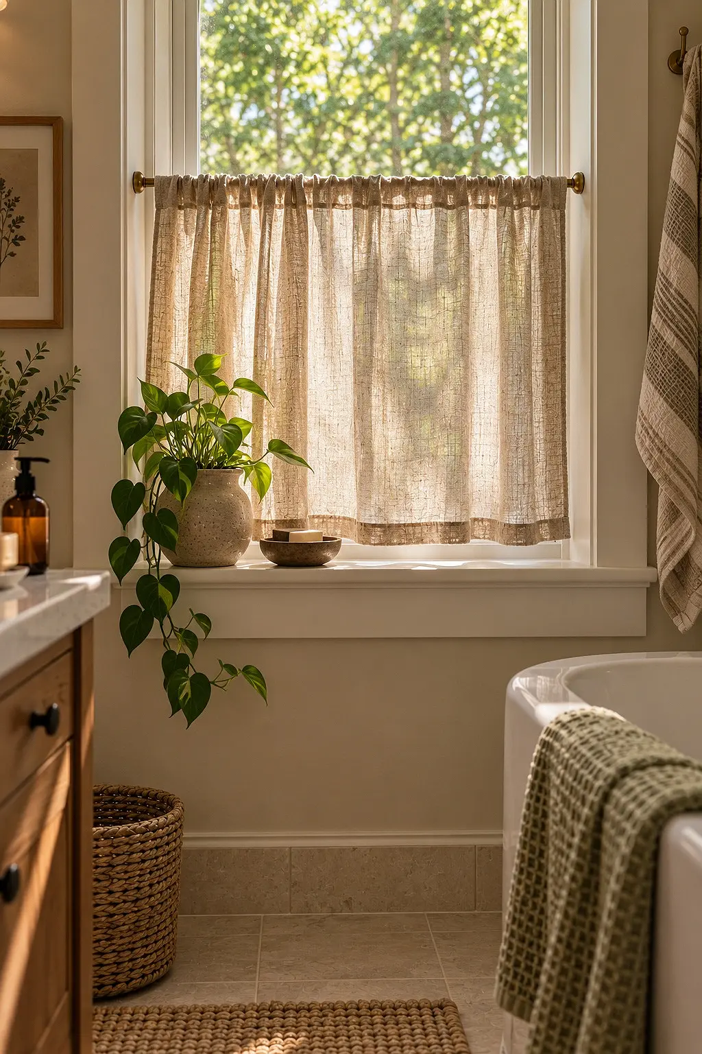 Linen cafe curtain on a tension rod inside a small bathroom window
