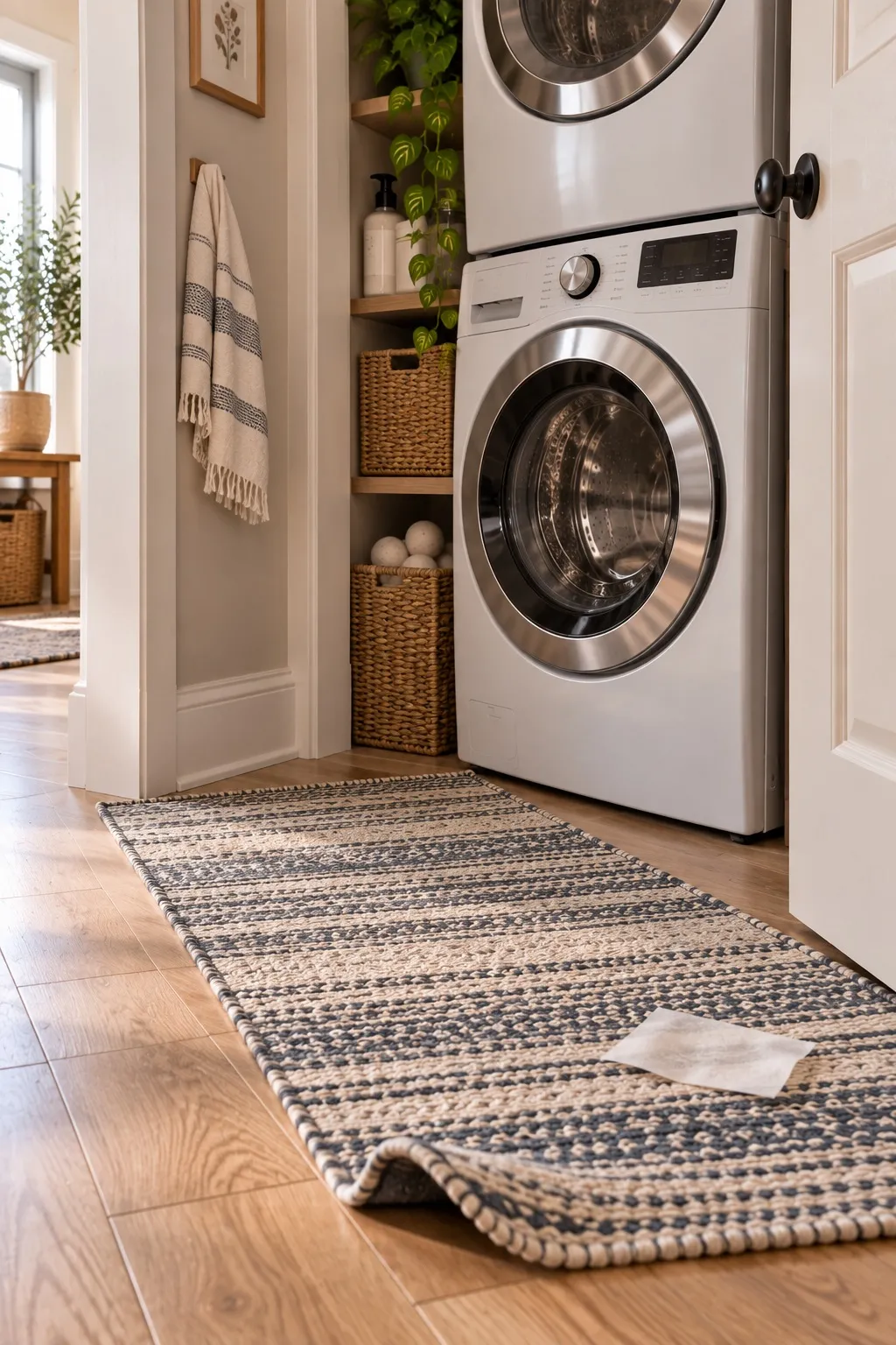 Low-pile washable runner in front of a stacked washer and dryer