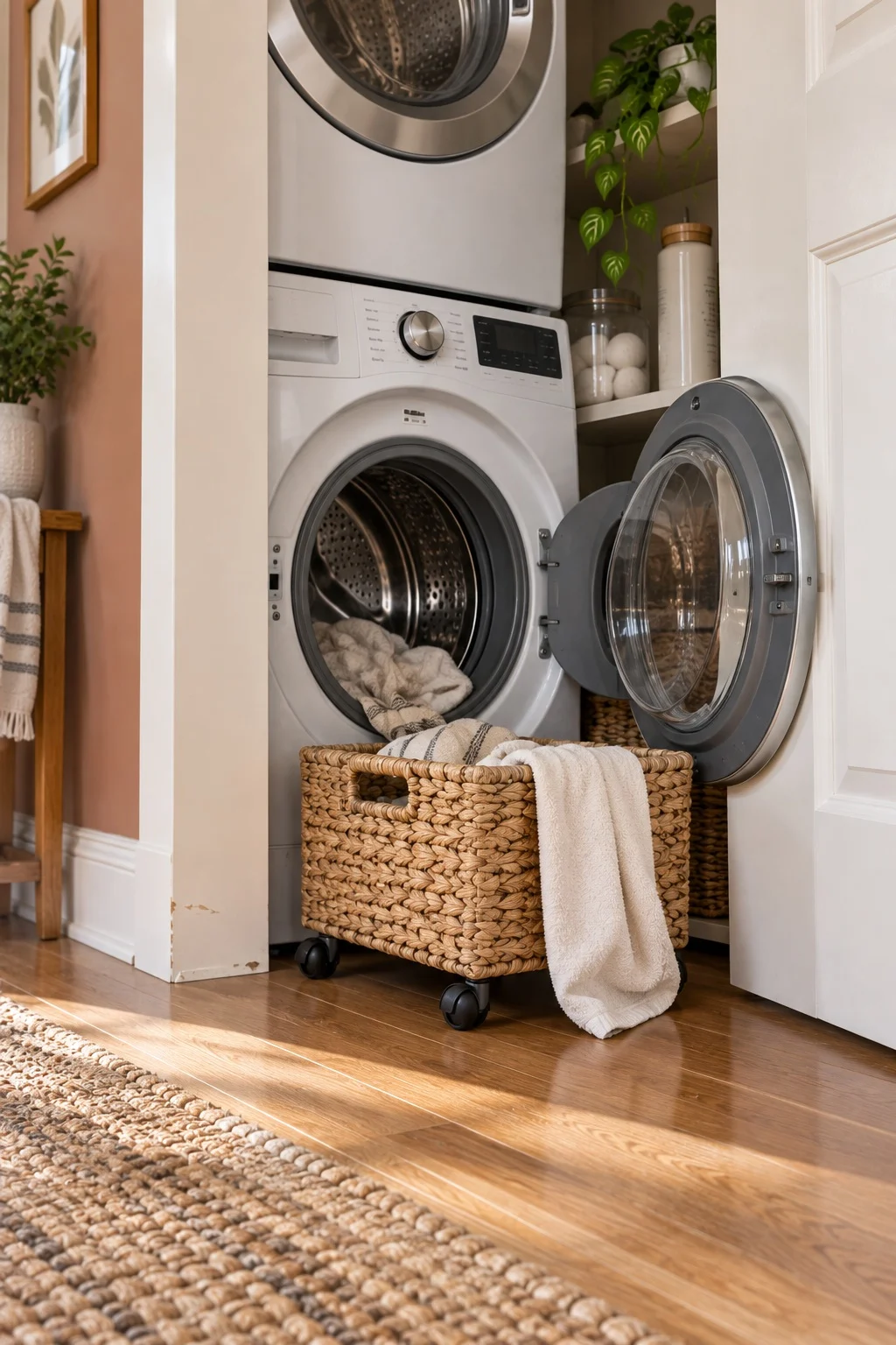 Low rolling bin on the floor in front of a stacked washer and dryer