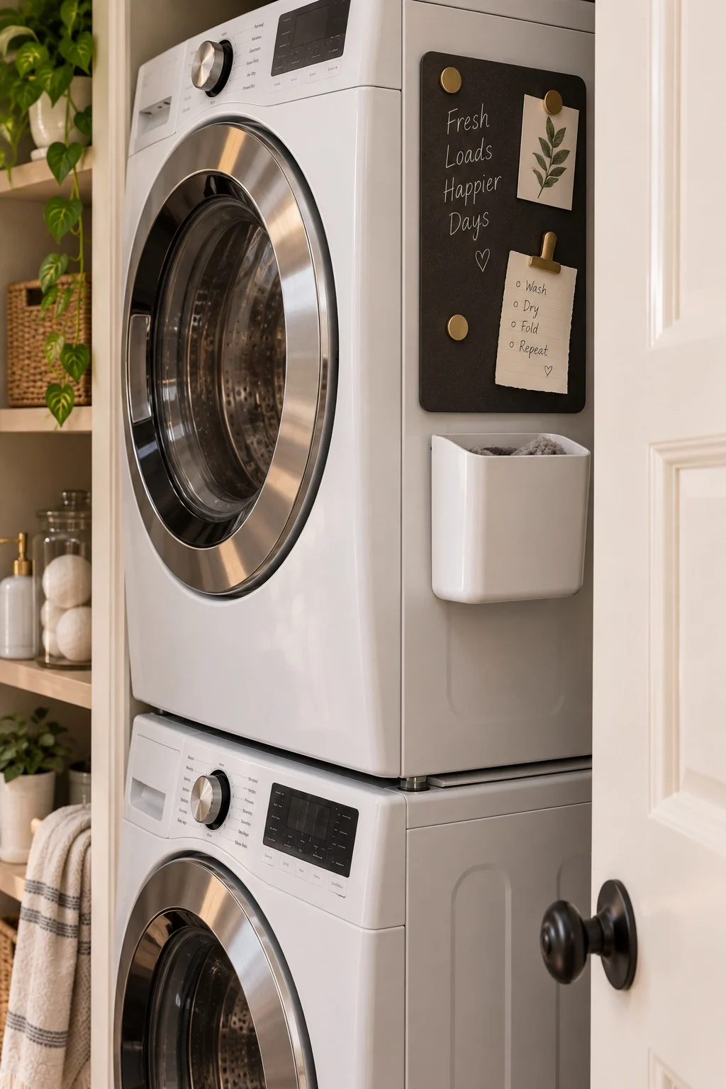 Magnetic board and lint bin on the dryer front of a stacked washer dryer unit