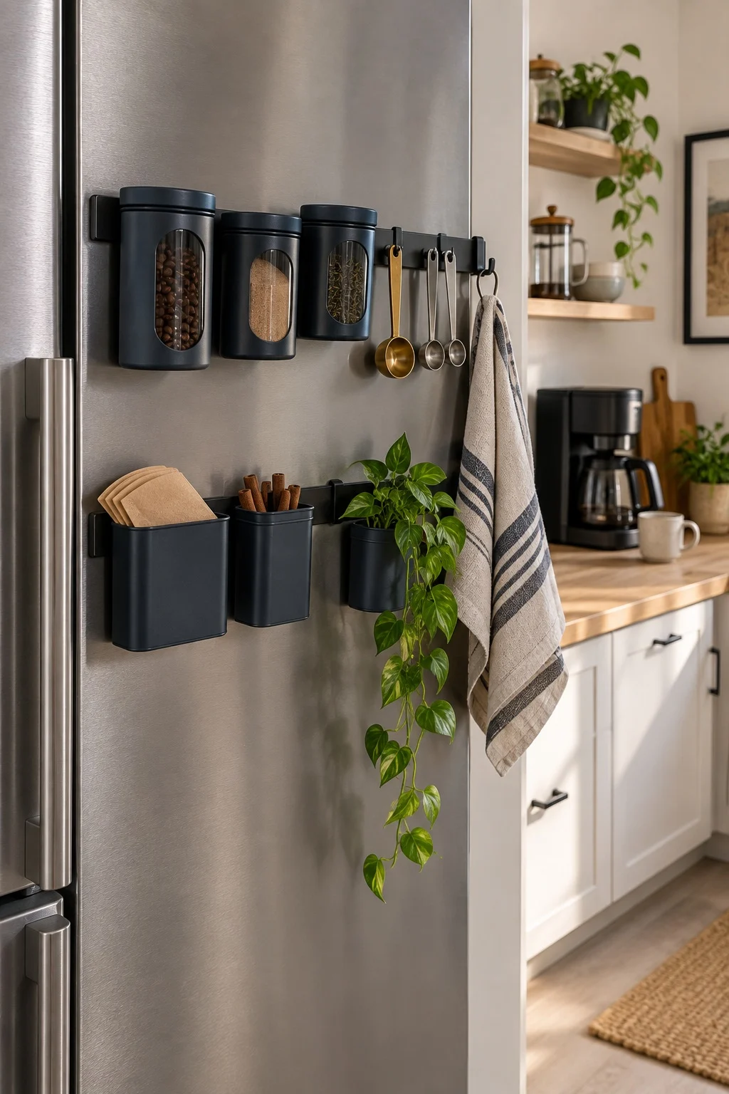 Magnetic rail with coffee tins and spoons attached to the side panel of a fridge