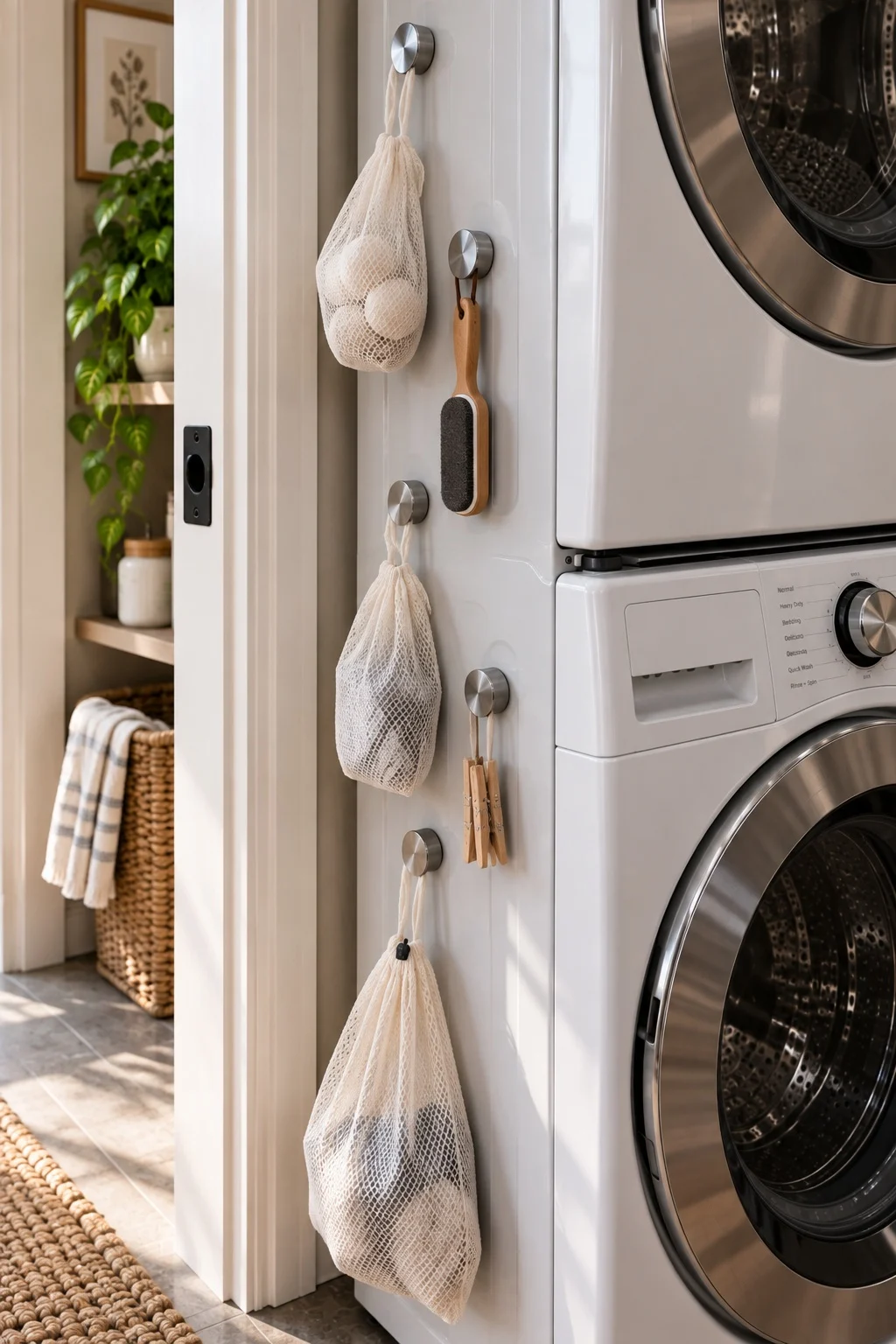 Column of magnetic hooks on a stacked washer holding mesh bags and a brush