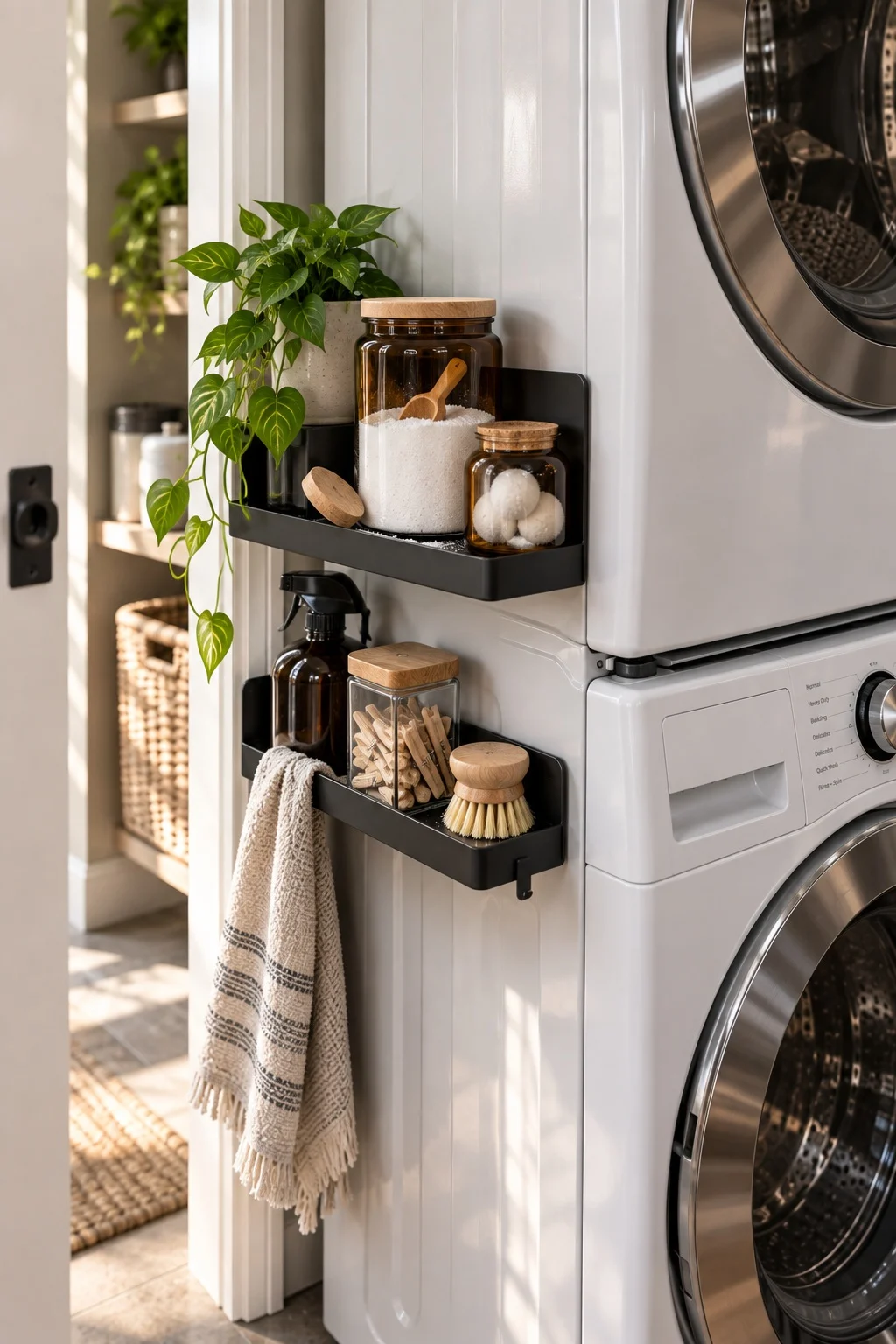 Magnetic shelf on the side panel of a stacked washer holding jars and a brush