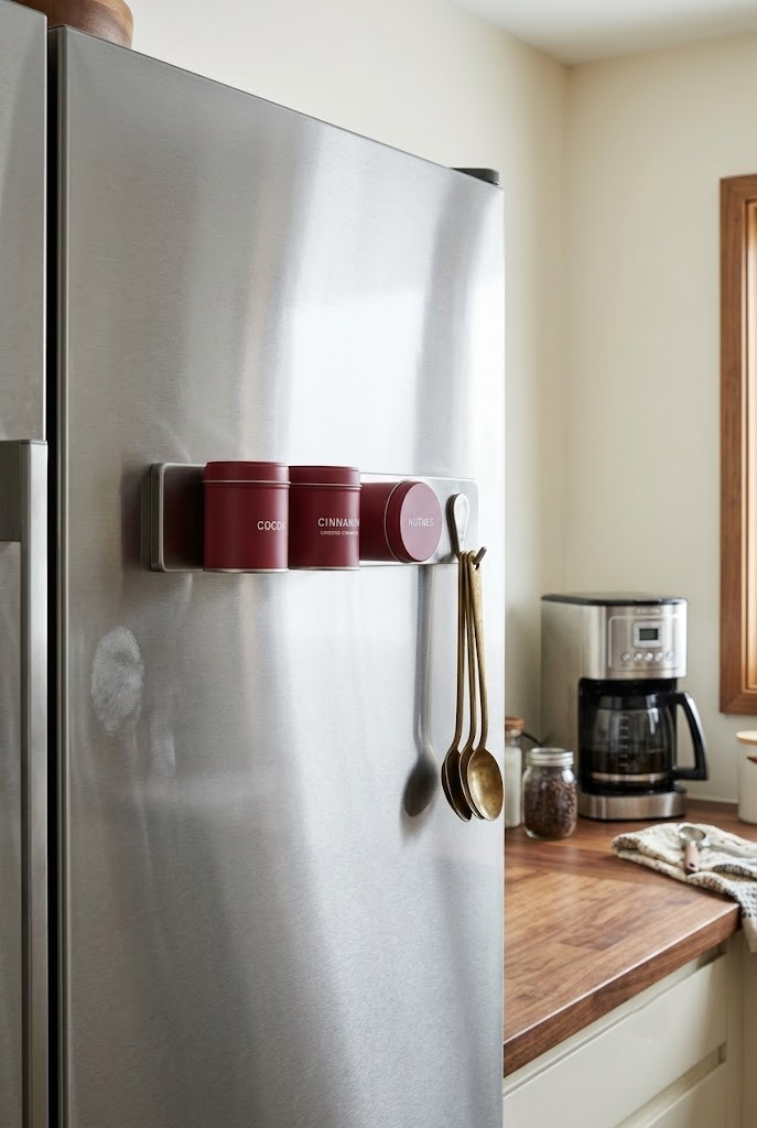 Magnetic strip on a fridge side panel holding cocoa tins and long spoons