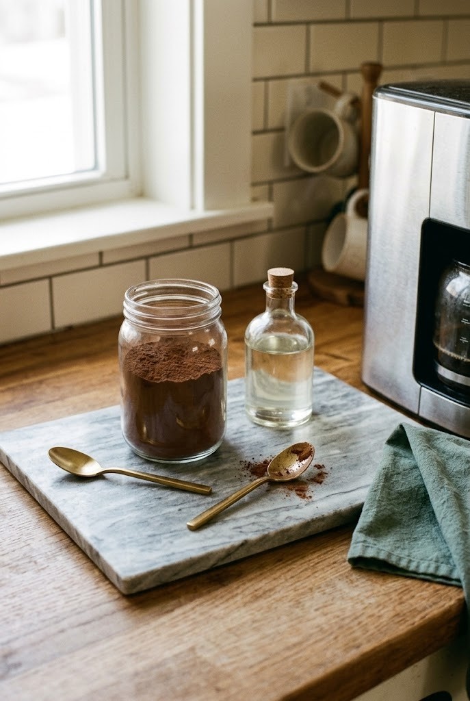 Grey marble tray with cocoa jar, syrup bottle and brass spoons on a small kitchen counter