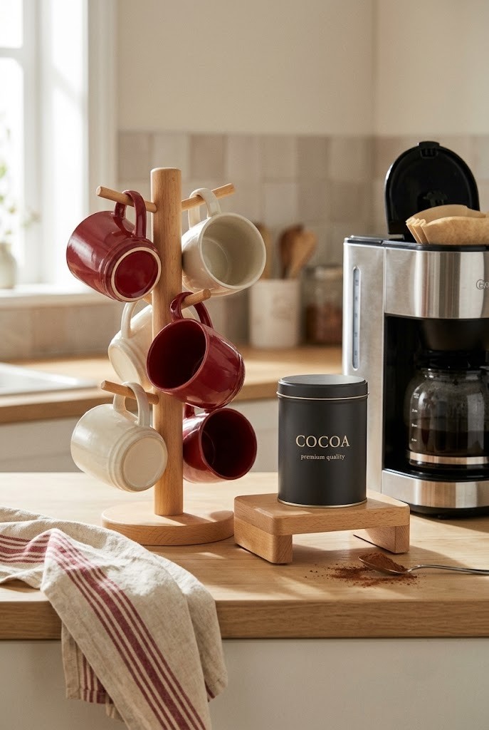 Wooden mug tree holding five mugs beside a low riser and cocoa tin on a kitchen counter