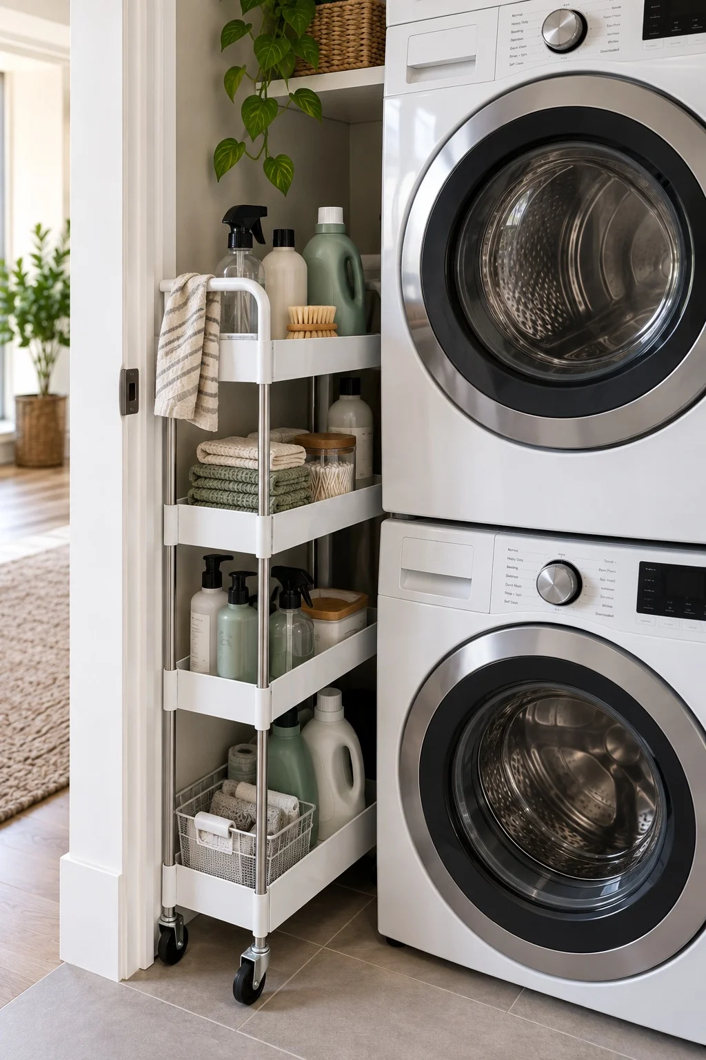 Narrow rolling gap cart pulled out from beside a stacked washer and dryer