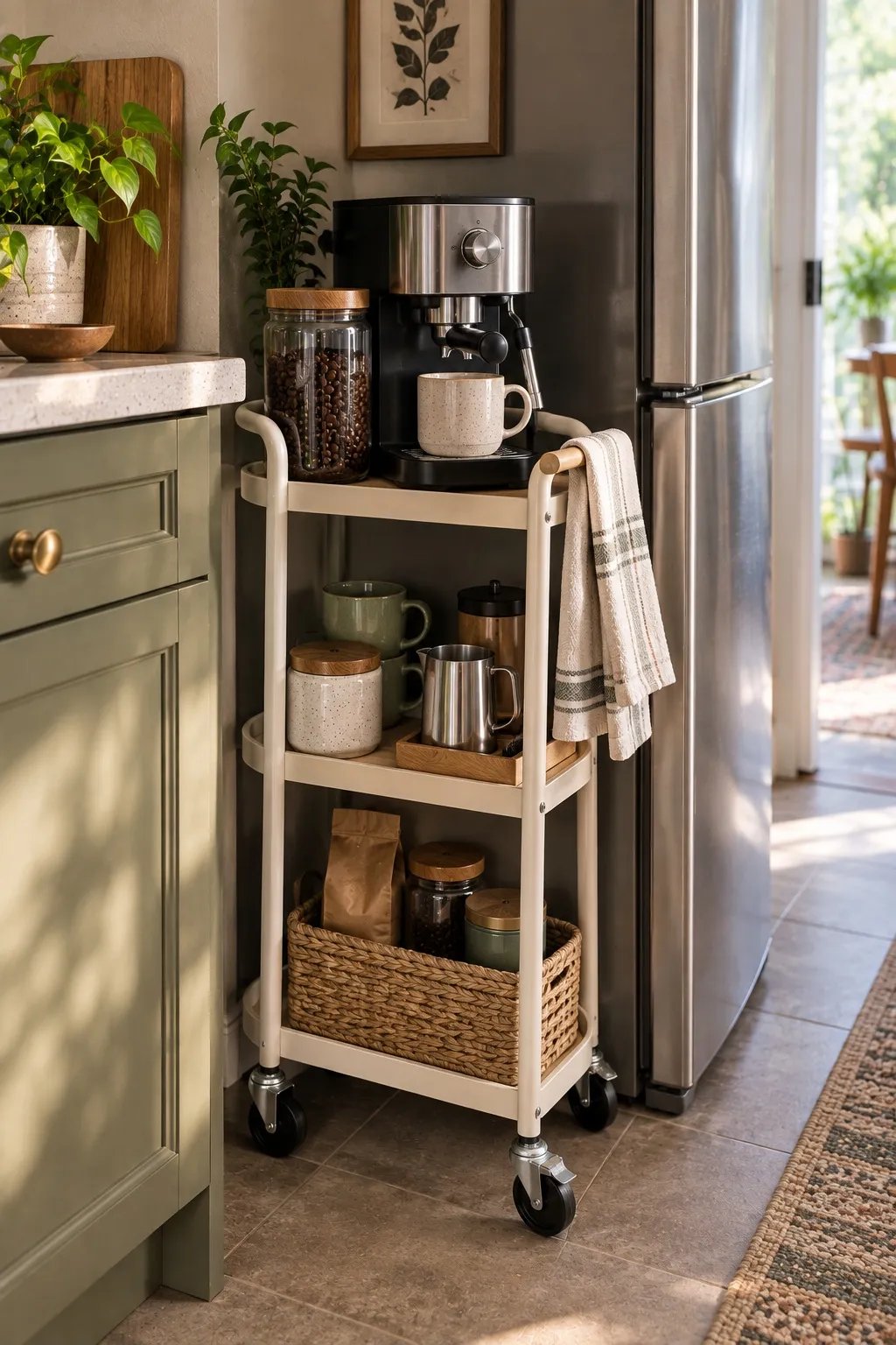Narrow rolling coffee cart tucked into the gap beside a fridge in a rental kitchen