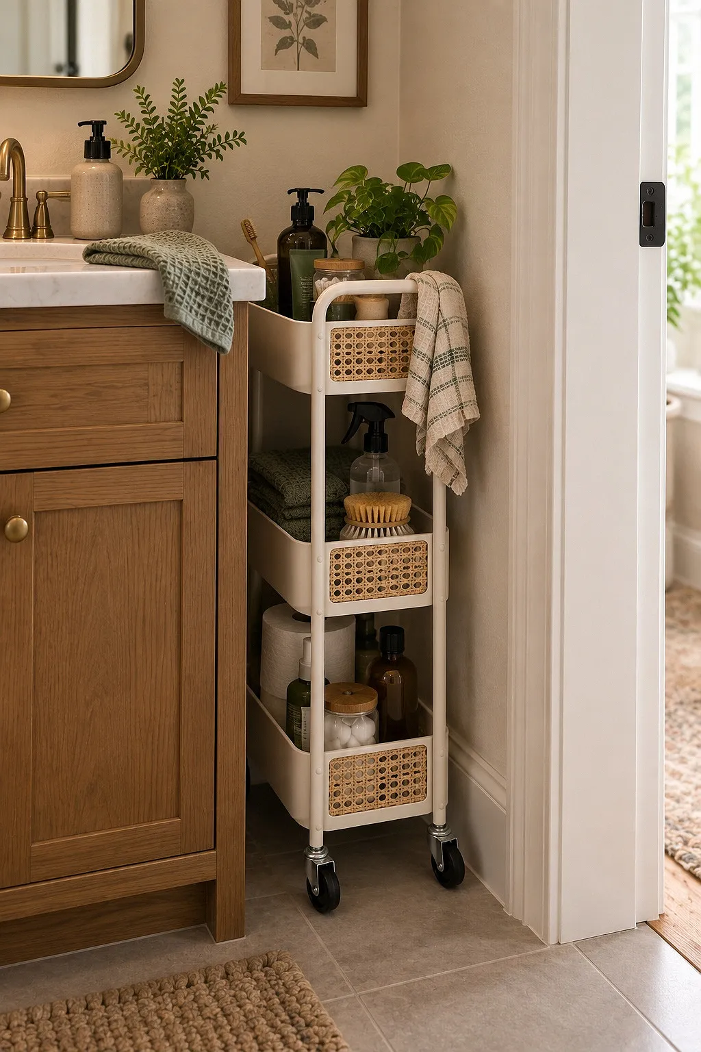 Narrow three-tier rolling cart in the gap beside a bathroom vanity