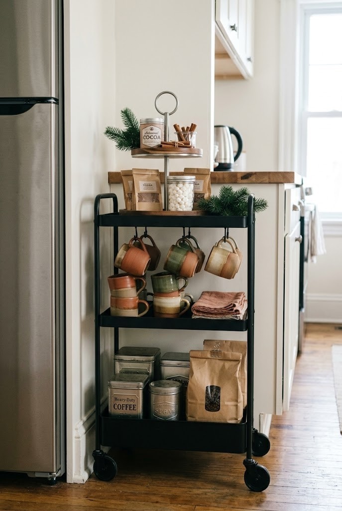 Christmas coffee bar cart parked at the end of a small kitchen counter run