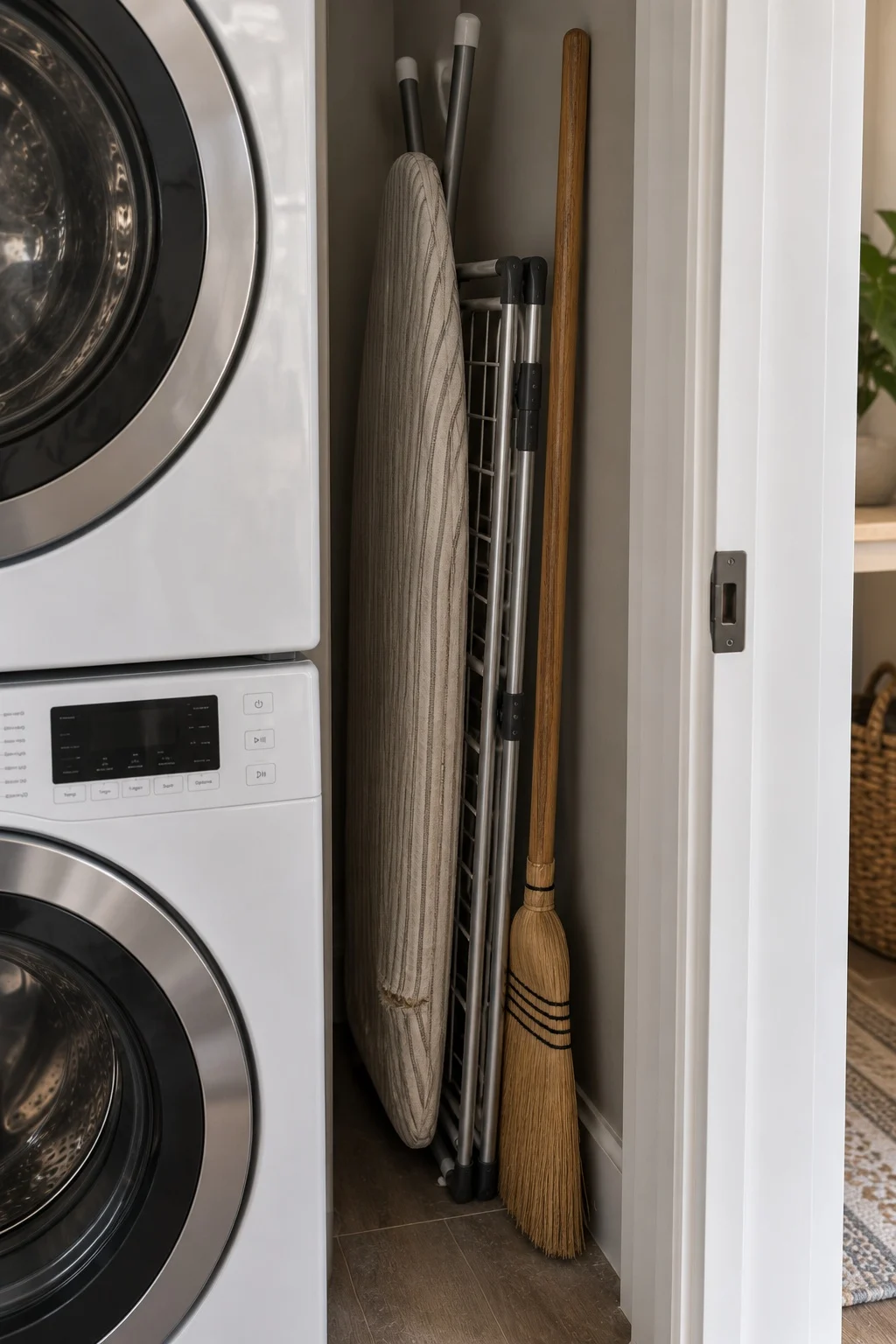Ironing board and broom stored upright in a narrow slot beside a stacked unit