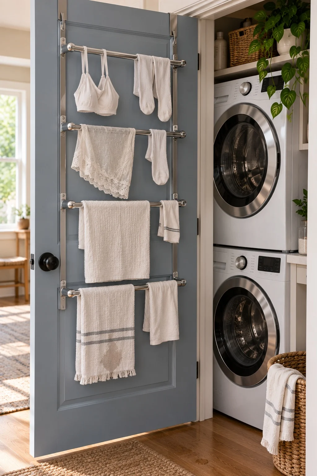 Over-the-door drying bars on a laundry closet door with stacked machines behind