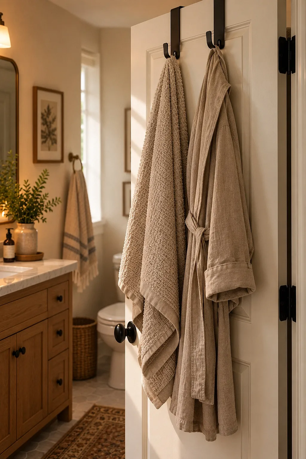 Over-the-door hooks holding a robe and towel on a bathroom door