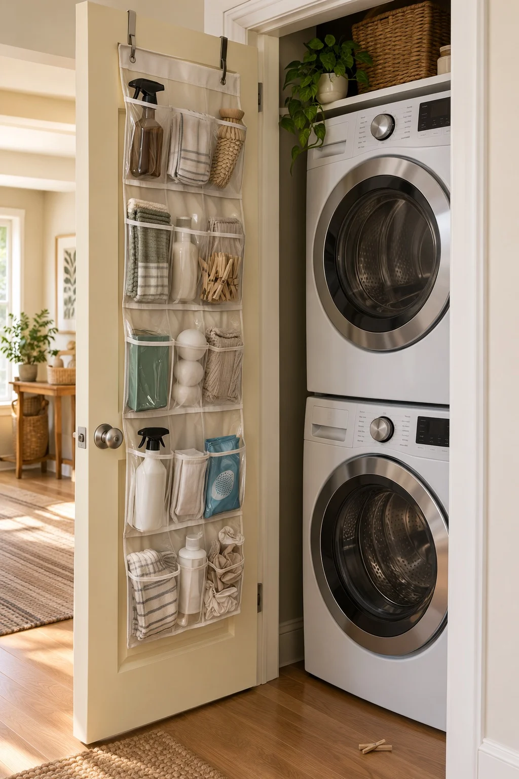 Over-the-door pocket rack on a hinged laundry closet door with stacked machines