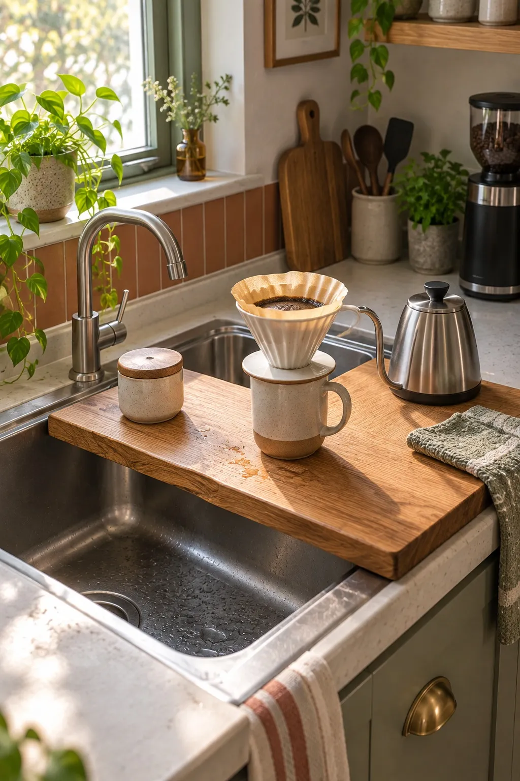 Wooden board across a sink used as a pour-over coffee ledge in a small kitchen
