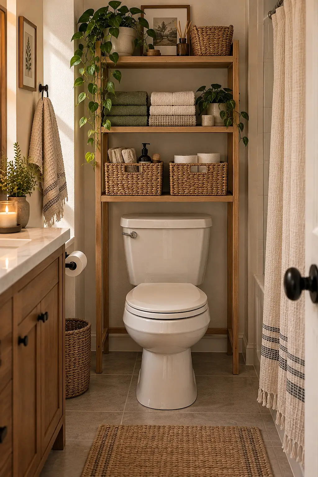 Freestanding over-the-toilet shelf with baskets in a cozy small bathroom for renters