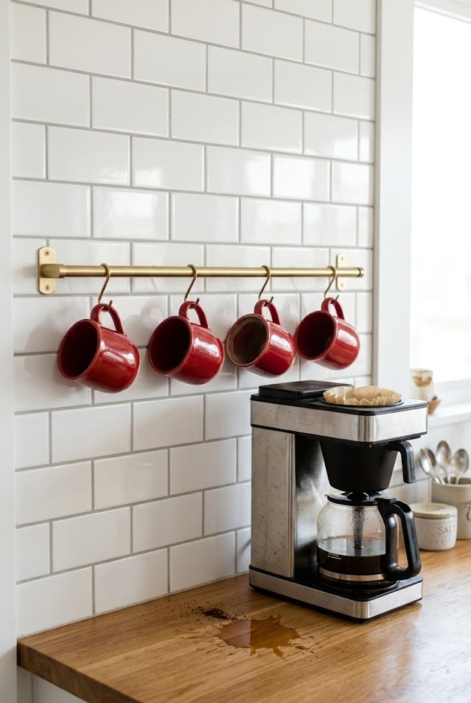 Christmas coffee bar mugs hanging from an adhesive rail above a small kitchen counter