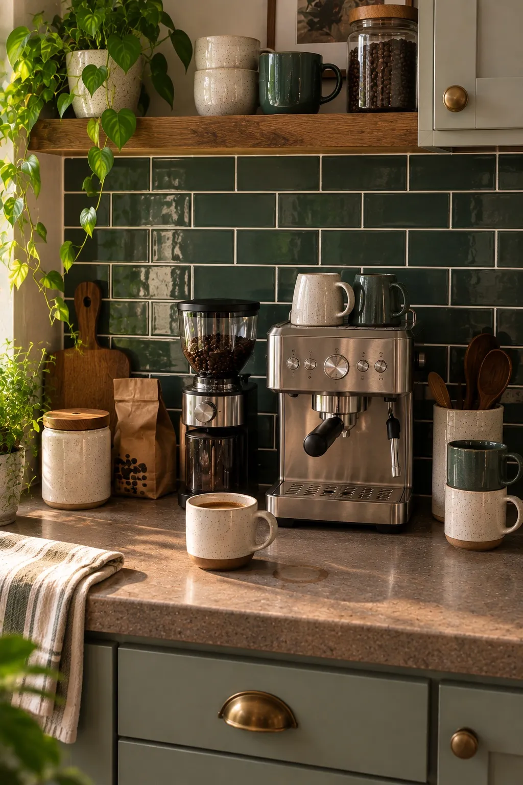 Peel and stick tile backsplash behind a small kitchen counter coffee bar