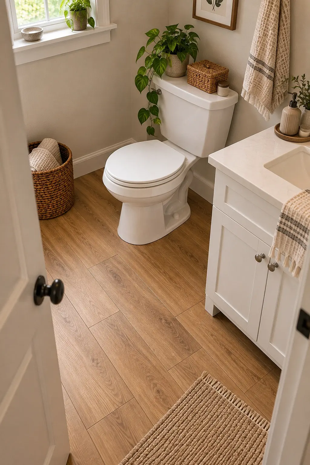 Warm honey peel-and-stick vinyl tile on a small rental bathroom floor