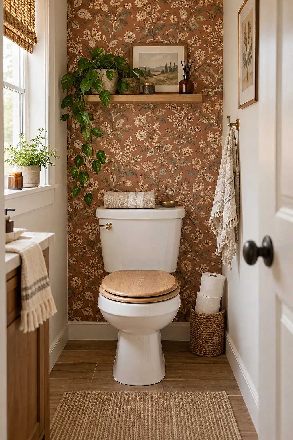 Peel-and-stick wallpaper on the wall behind a toilet in a cozy small bathroom for renters