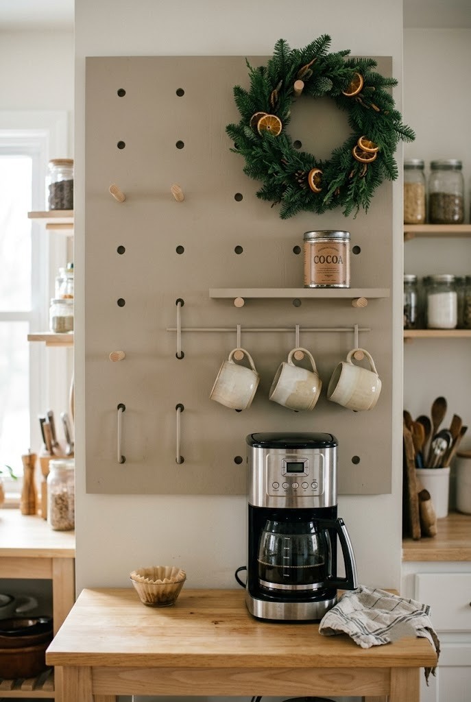 Painted pegboard above a kitchen counter with mug hooks, cocoa tin and a small wreath