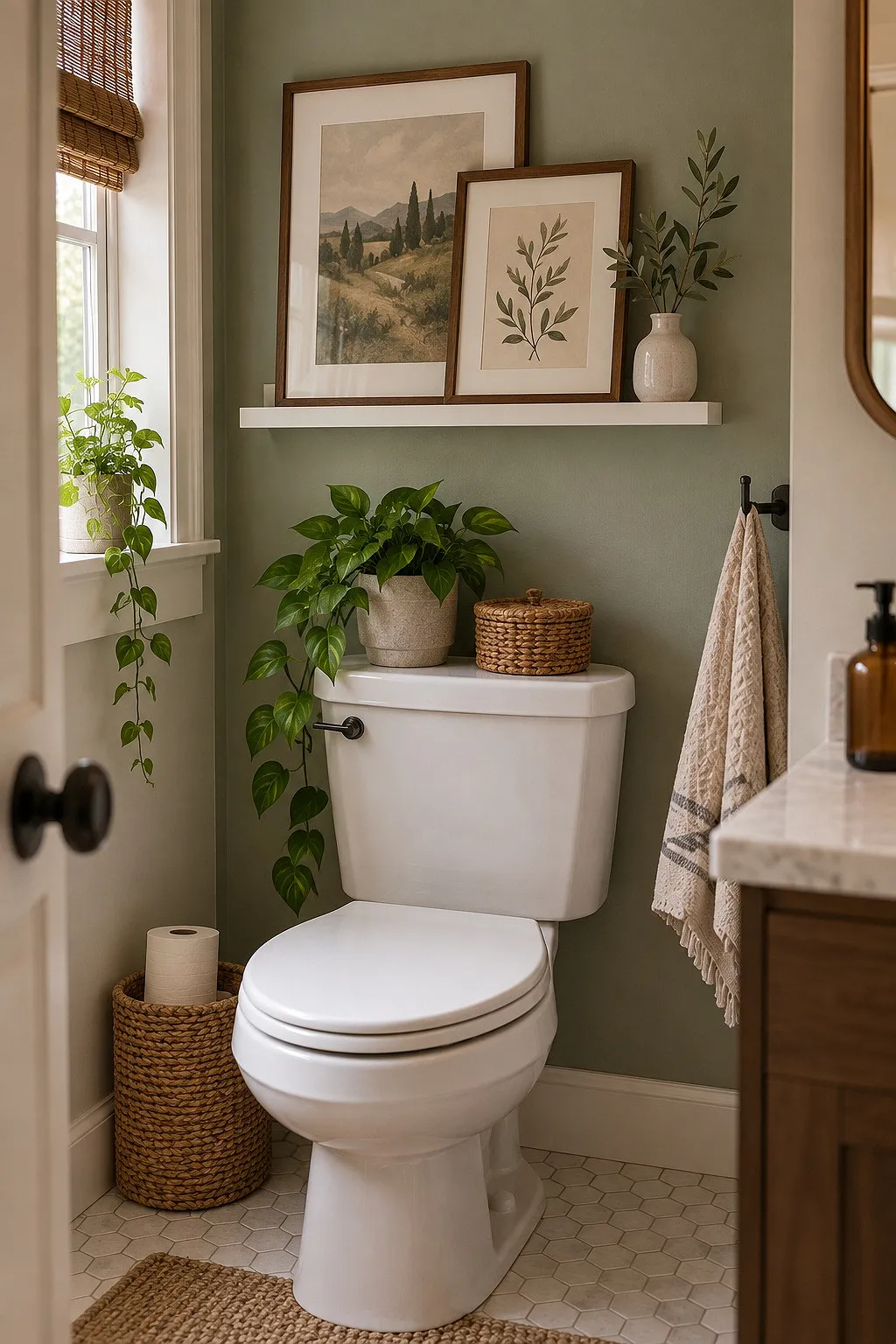 Shallow picture ledge with two leaning frames above a toilet tank
