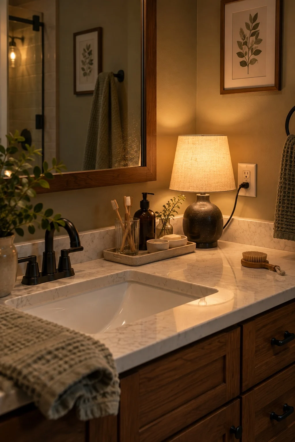 Small warm lamp glowing on a bathroom vanity counter beside a toothbrush glass