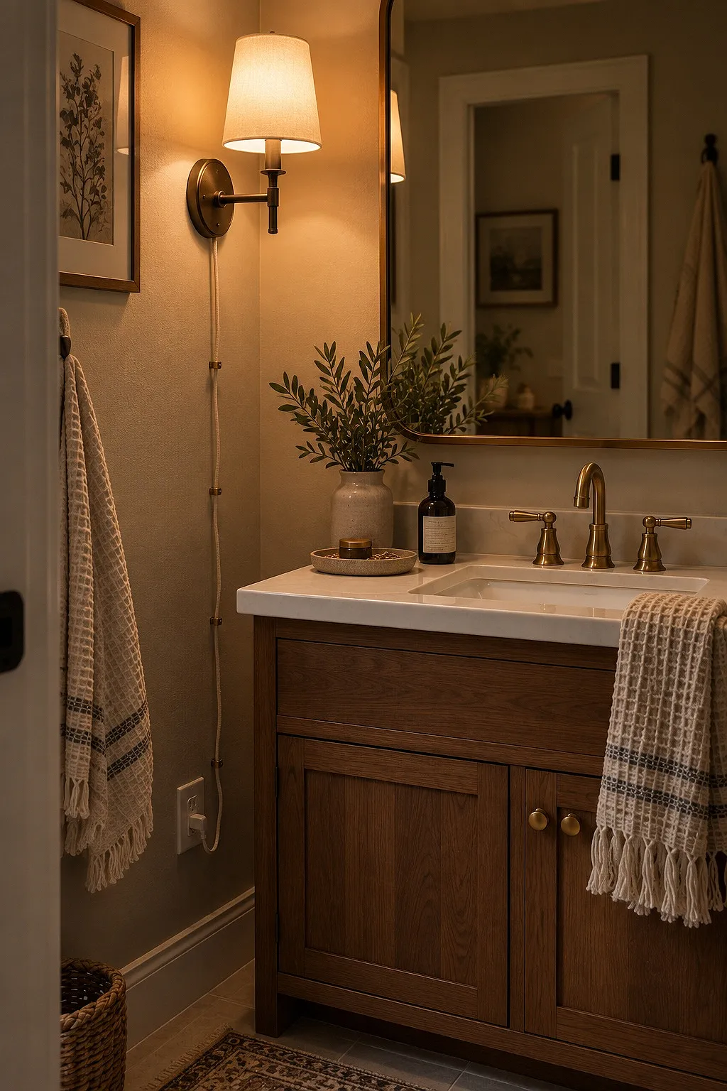 Plug-in sconce beside a bathroom mirror with a fabric cord in clips