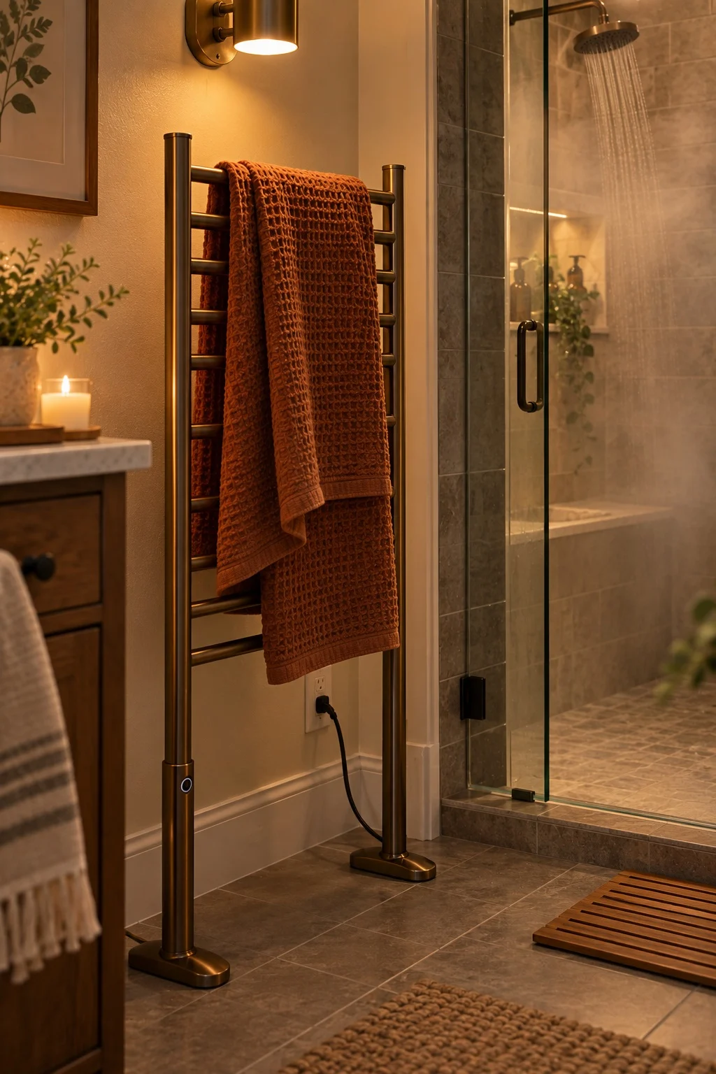 Freestanding plug-in towel warmer with a rust towel beside a walk-in shower opening