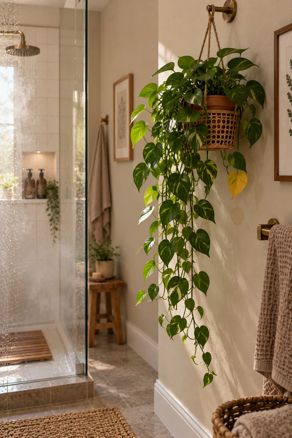 Trailing pothos hanging at eye level on a bathroom wall opposite a walk-in shower