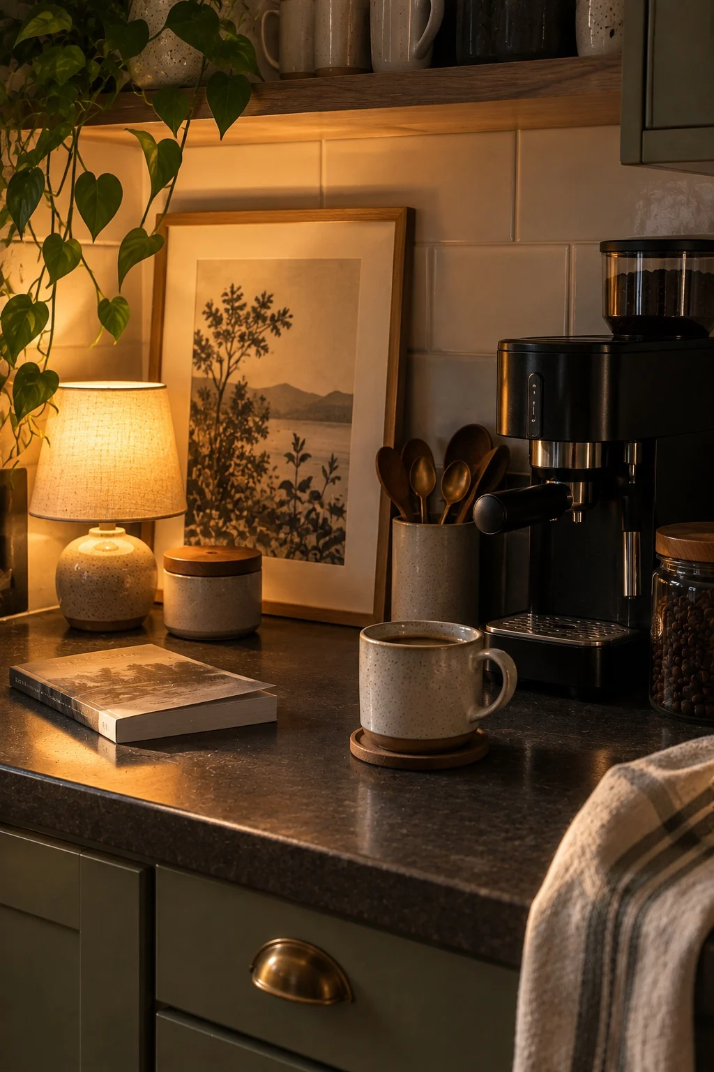 Framed print leaning behind a coffee station with a small warm lamp on the counter
