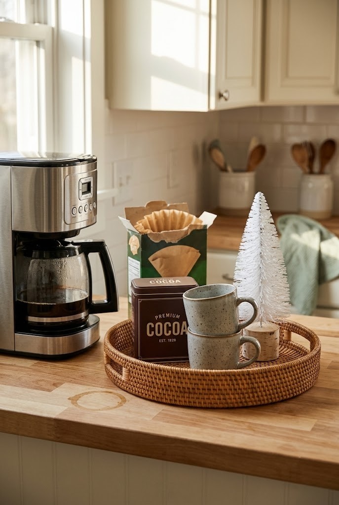 Round rattan tray with cocoa tin and small white bottle brush tree beside a coffee maker