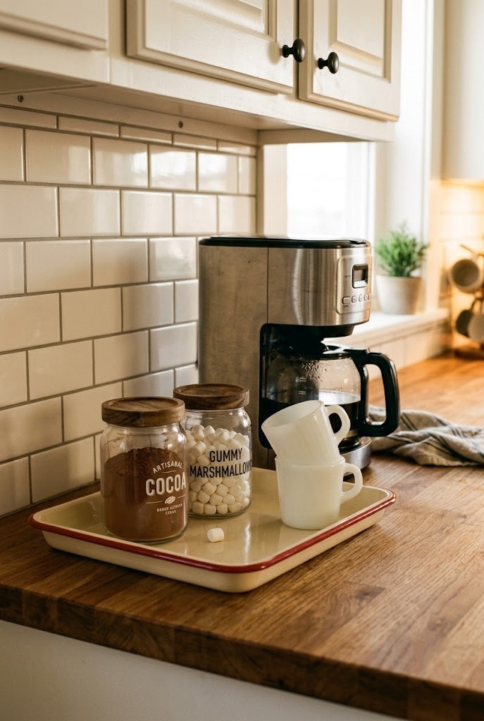Cream enamel tray with red rim holding cocoa canisters and stacked mugs on a kitchen counter