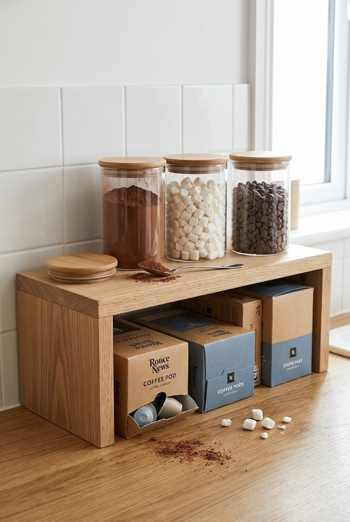 Wooden counter riser with glass cocoa canisters on top and coffee pods stored below